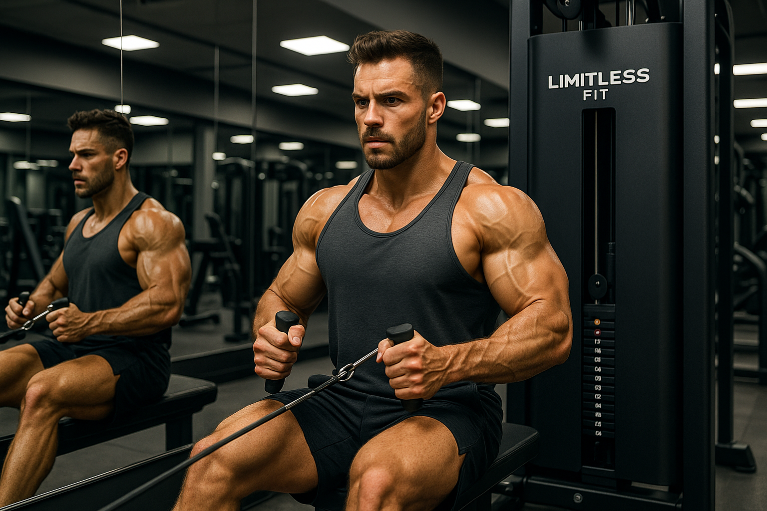 A muscular man working out inside a modern gym, using high-quality fitness equipment from Limitless Fit. He is wearing stylish gym wear (tank top and shorts), looking focused and energetic while exercising. The gym environment is clean, professional, and well-lit, with mirrors and gym machines in the background. Realistic photography style, high resolution, 8k detail.