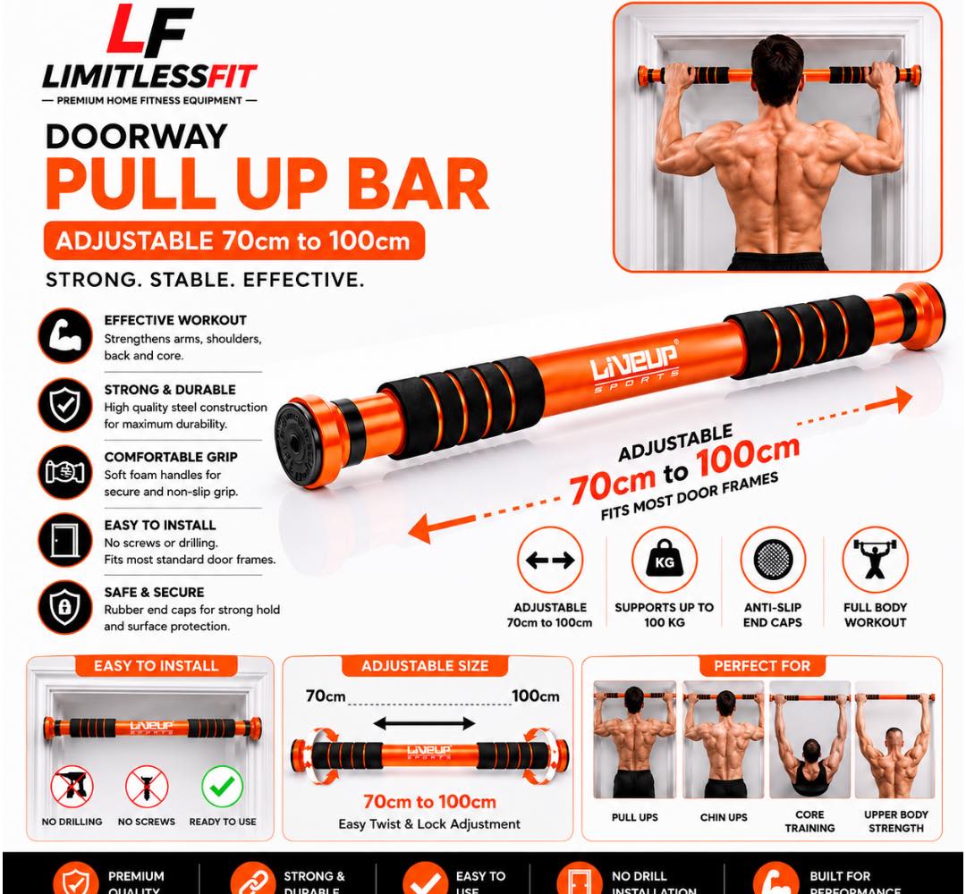 Import Quality LIVEUP Door Pull Up Bar & Chin Bar For Full Body Fitness! Size 70cm to 100cm