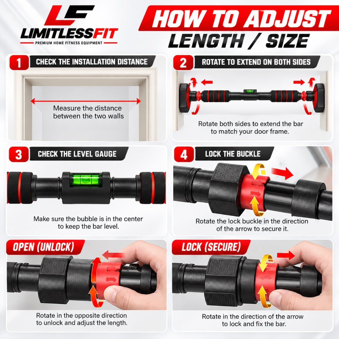 Adjustable Doorway Pull-Up Bar – Heavy-Duty 500KG Capacity | No-Screw Installation | Exclusive Premium Imported Model– Only at Limitless Fit