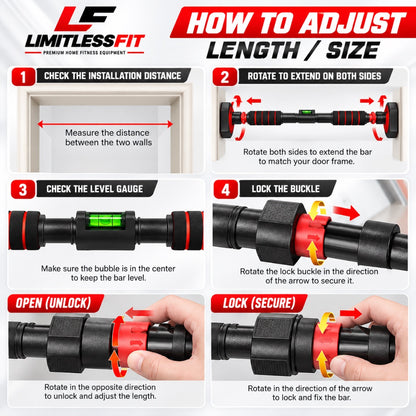 Adjustable Doorway Pull-Up Bar – Heavy-Duty 500KG Capacity | No-Screw Installation | Exclusive Premium Imported Model– Only at Limitless Fit