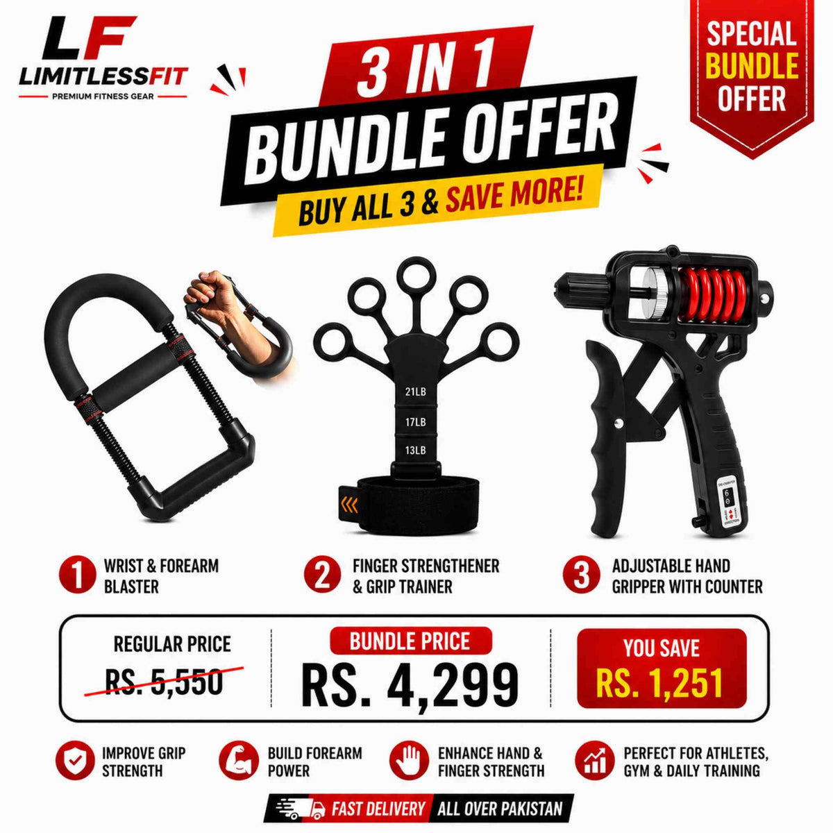 Bundle of 3 [Hand gripper p1 With Counter ]+ [Finger gripper] + [ Wrist Trainer ]