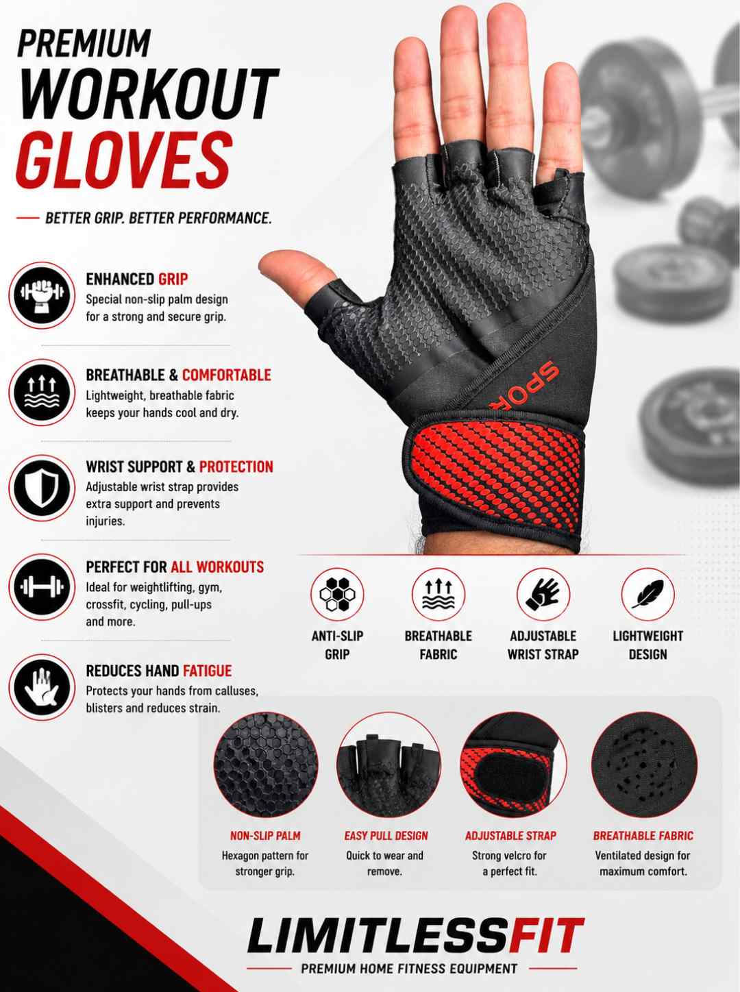 Gym Sports Gloves Special Import Quality (Red & Black)